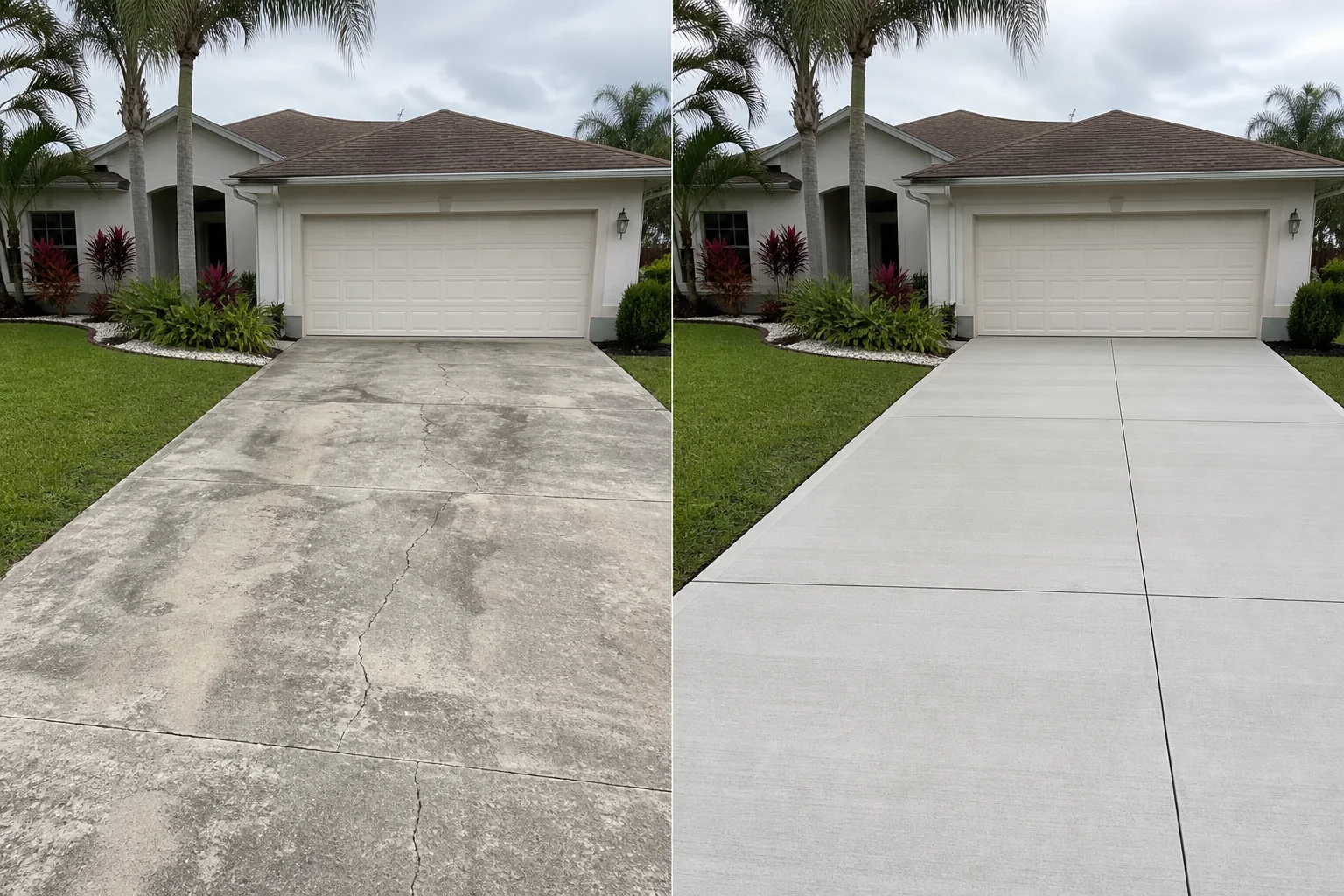 Illustration comparing a stained, cracked concrete driveway with a smooth, evenly jointed replacement driveway at the same Florida home.