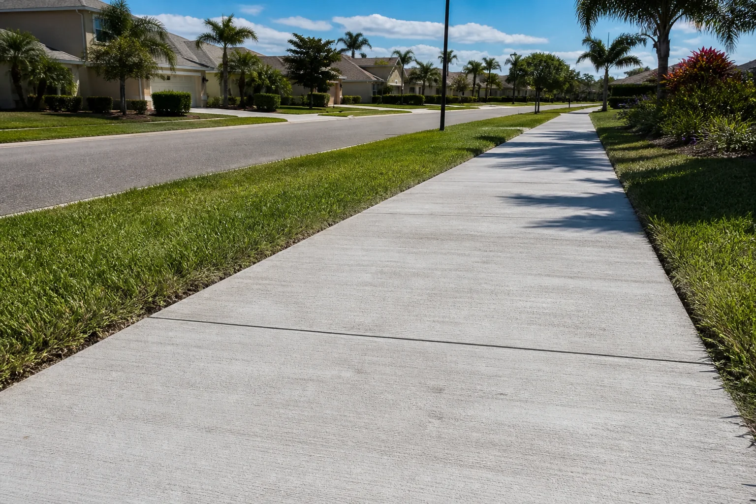 Illustration of a new concrete sidewalk running between a residential street and landscaped lawns, jointed in even panels.