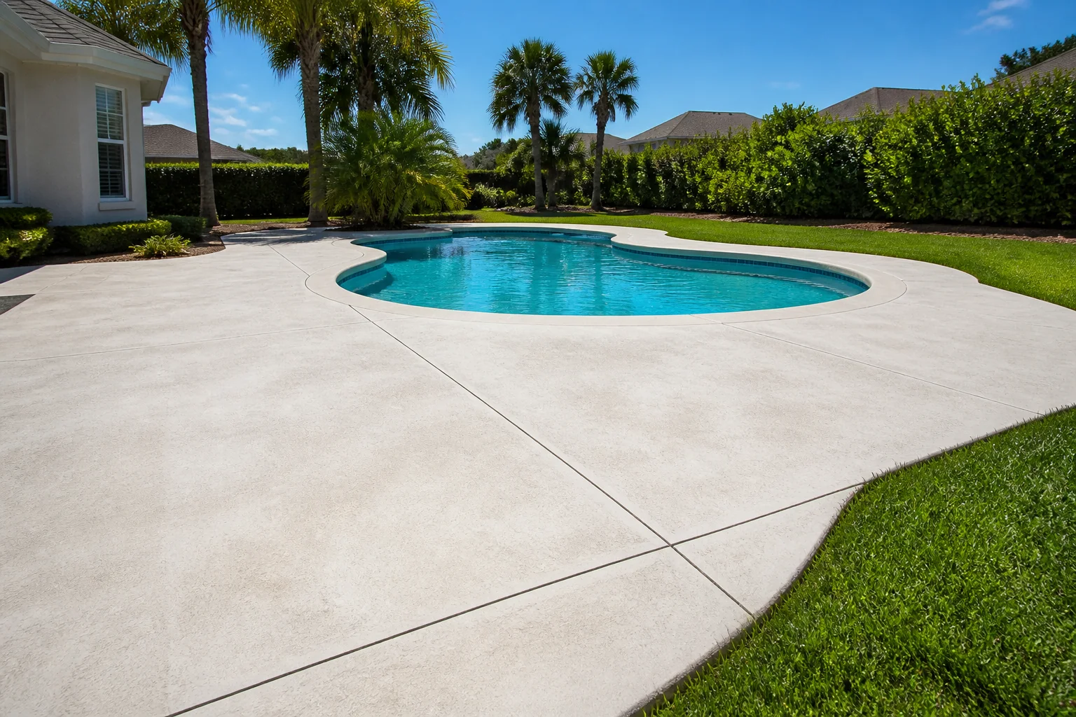 Illustration of a broad, light-finished concrete pool deck with saw-cut control joints wrapping a curved backyard pool.