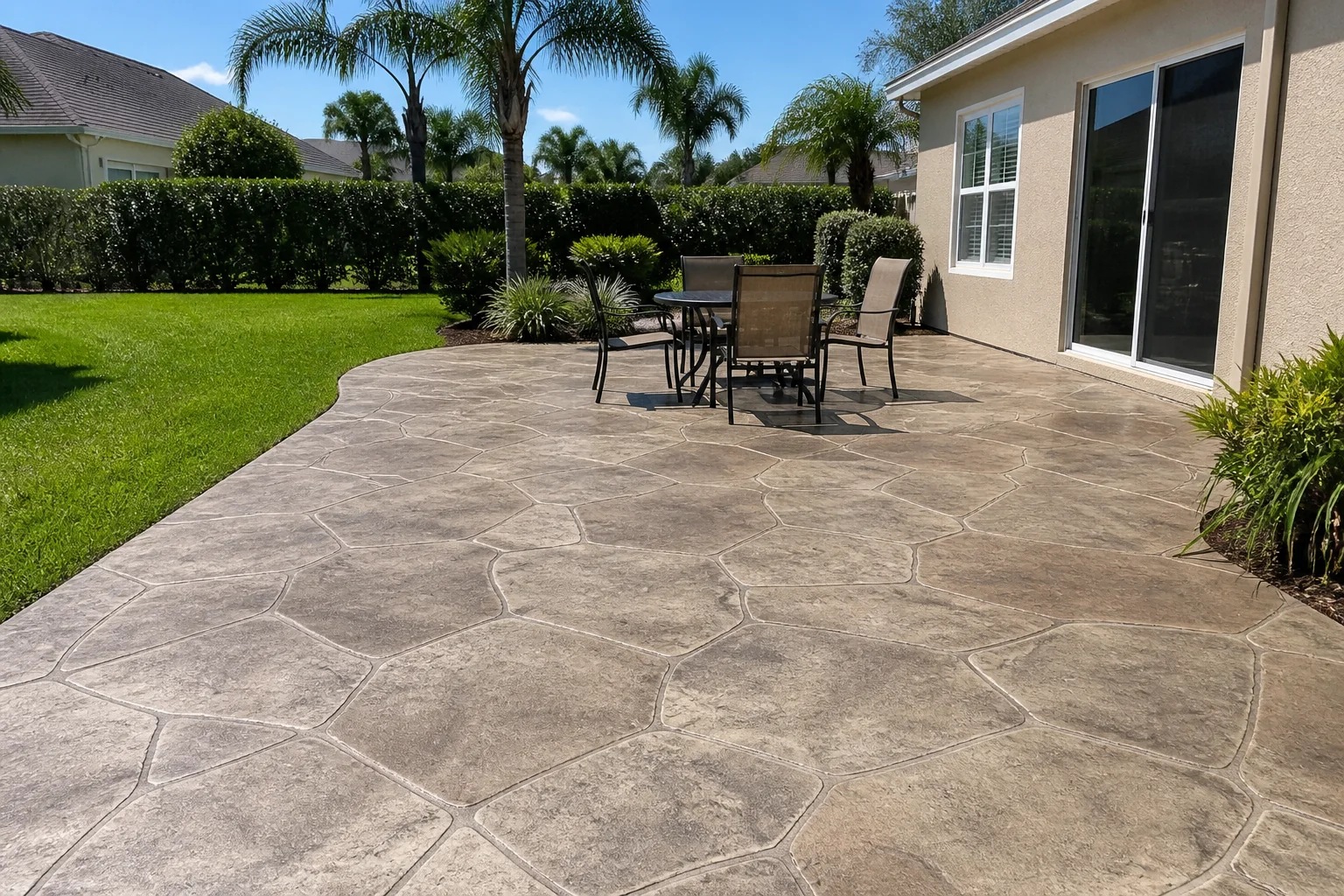 Illustration of a stamped concrete patio in an irregular stone pattern, set behind a Florida home with a table and chairs.